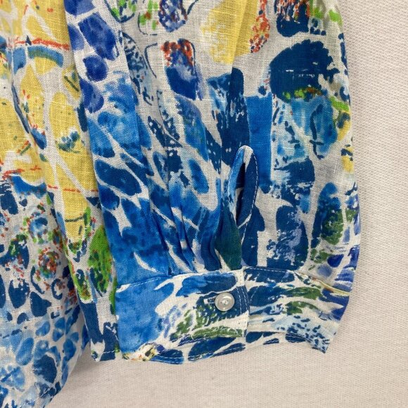 Alberto Makali Blue Green Abstract Artsy 100% Linen Button Down Large Resort - Picture 5 of 10